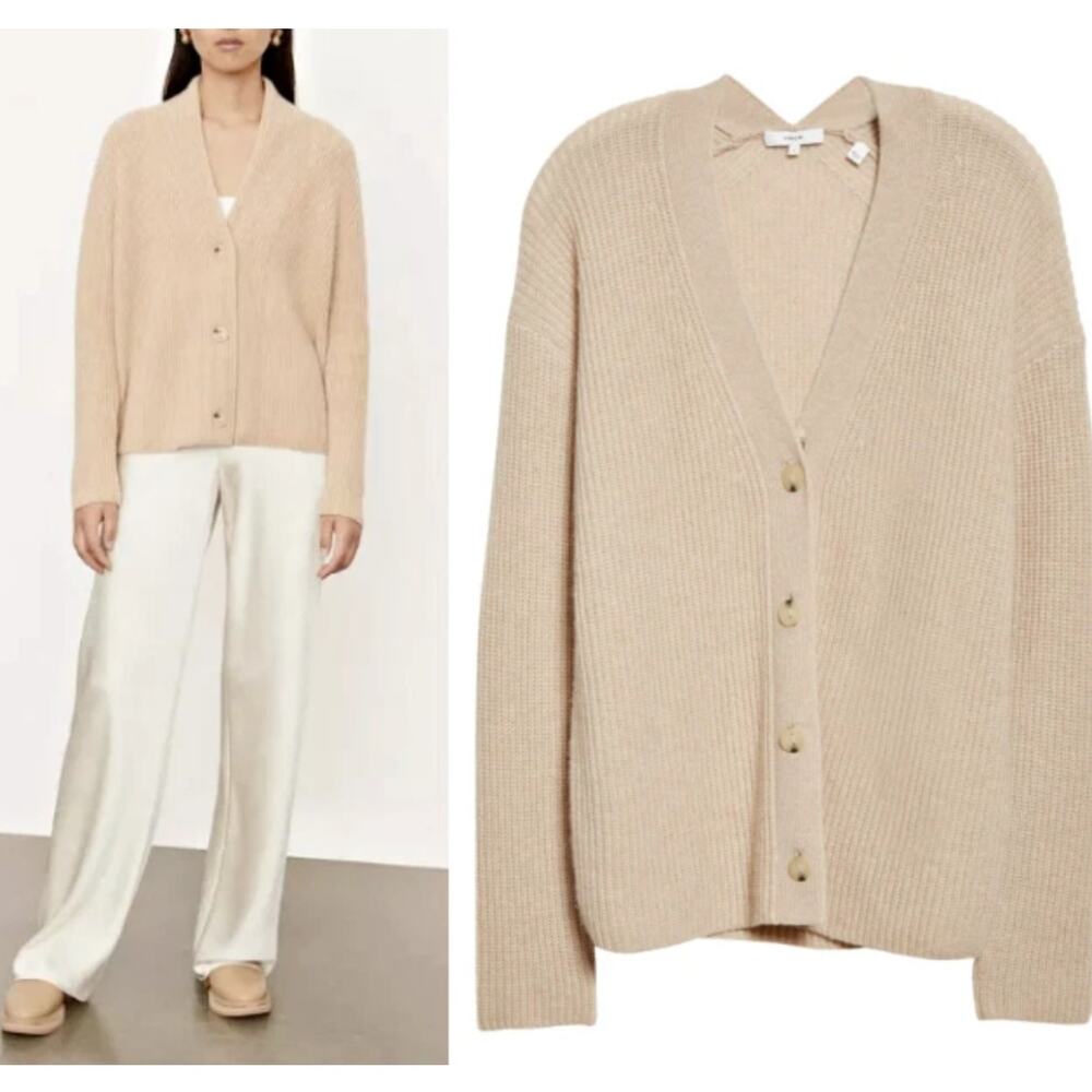 Vince Shaker Rib Cardigan Sweater Wool Cashmere Blend Tan Heather Wafer XL